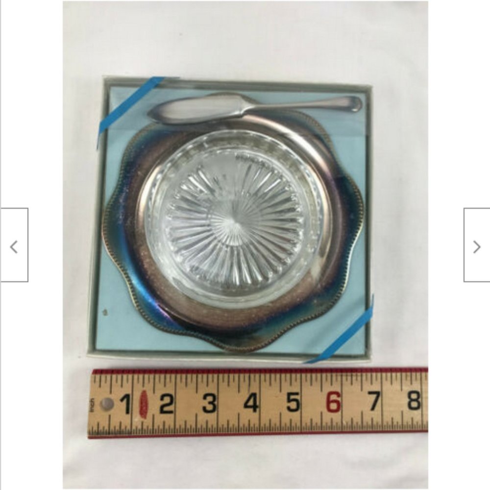 Vtg UNUSED Viking Plate Silverplate Cheese Serving Tray w Glass Dish & Knife